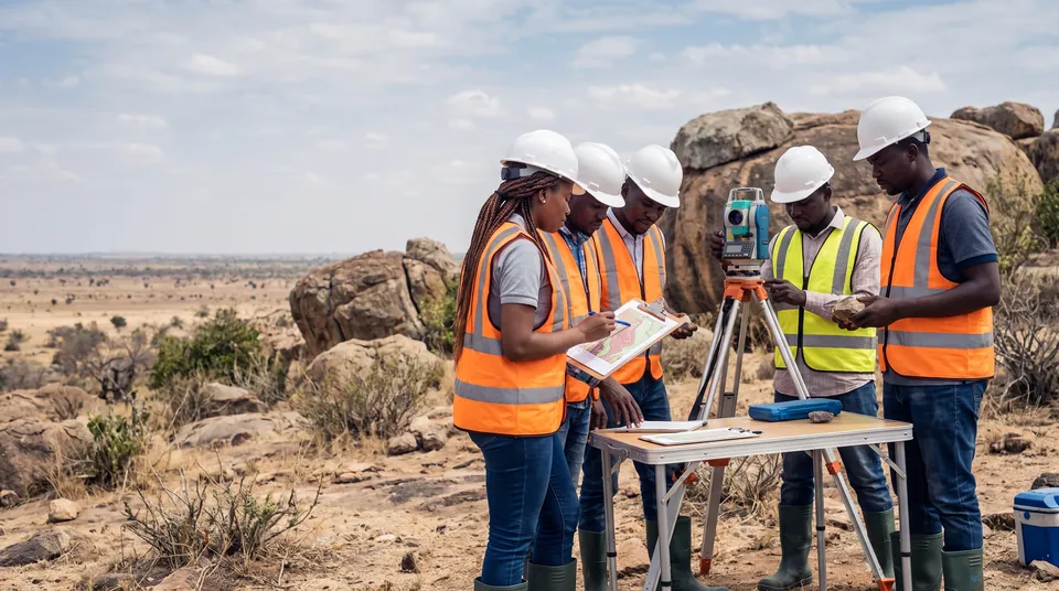 Geologists in safety gear running a survey instrument
